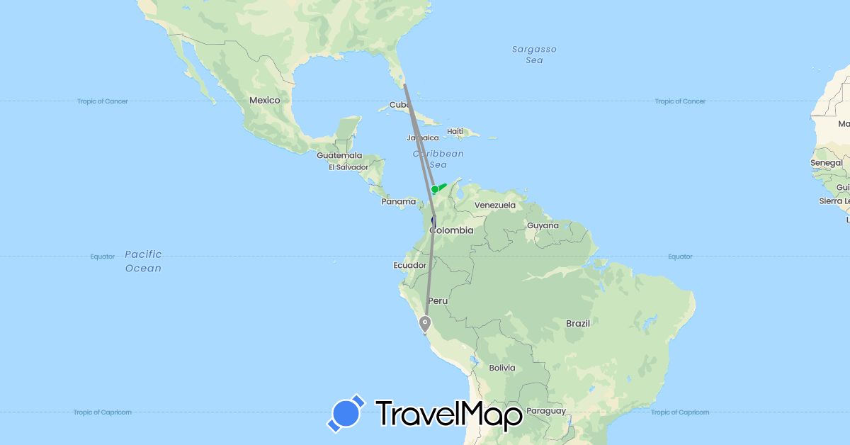 TravelMap itinerary: driving, bus, plane in Colombia, Peru, United States (North America, South America)