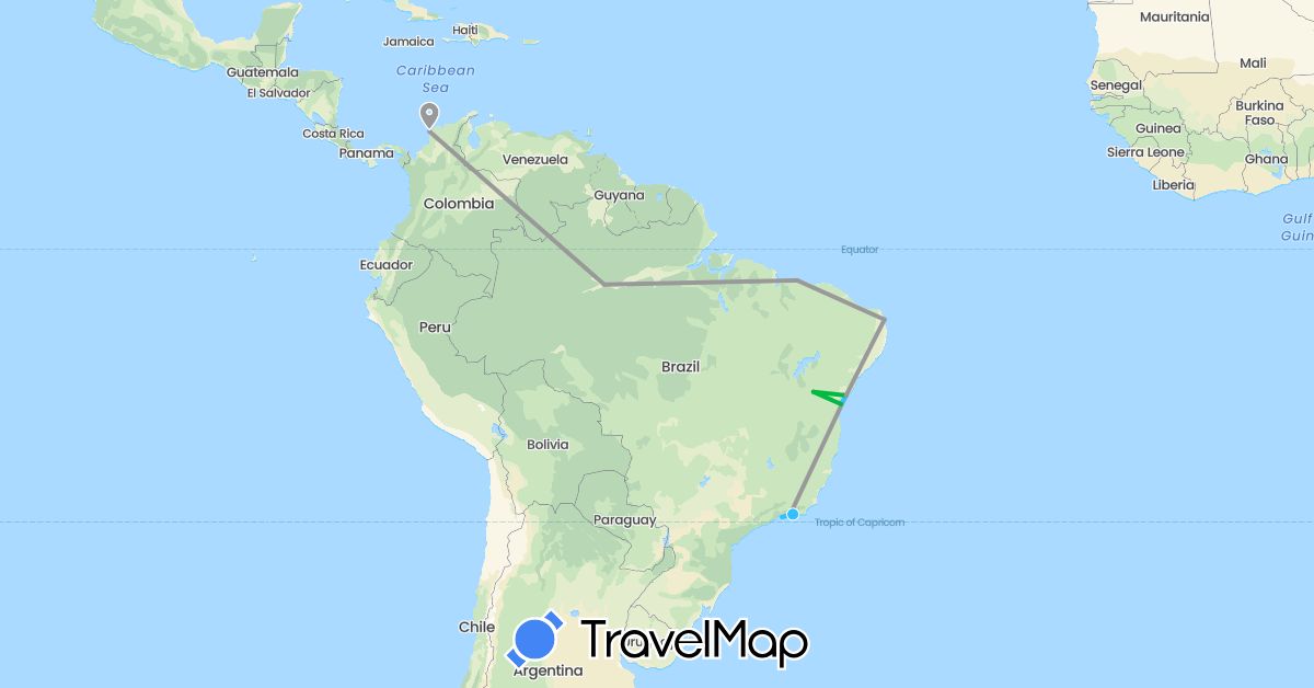 TravelMap itinerary: driving, bus, plane, boat in Brazil, Colombia (South America)