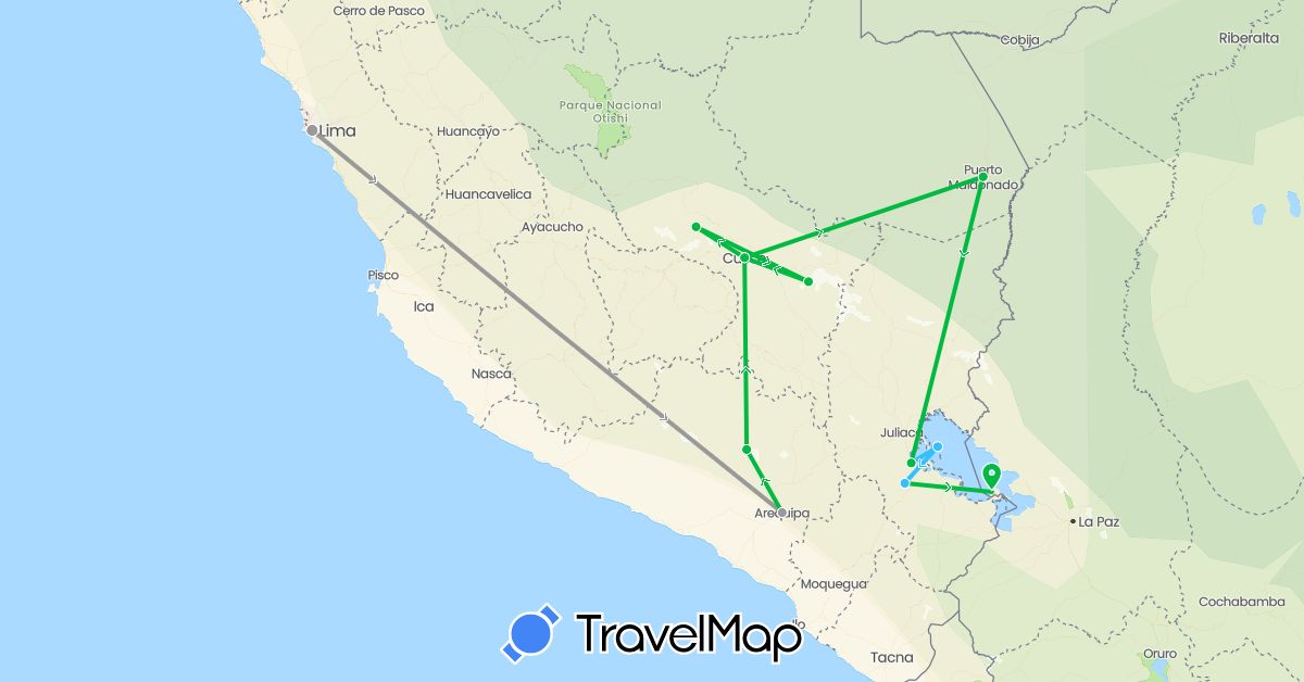 TravelMap itinerary: driving, bus, plane, boat in Bolivia, Peru (South America)